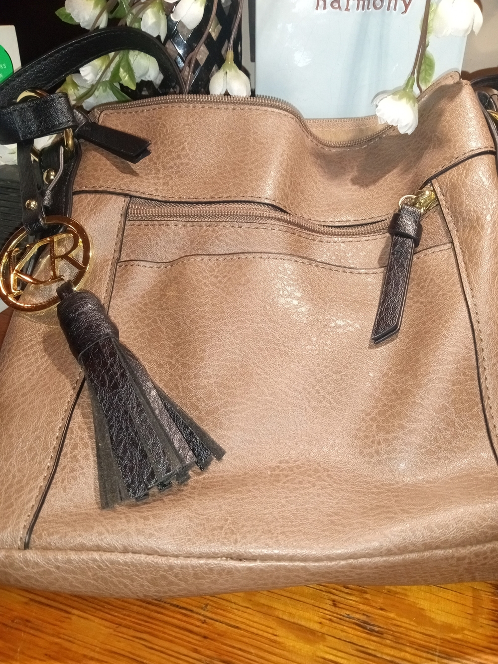 KR Taupe Crossbody with Black Tassel and Trim